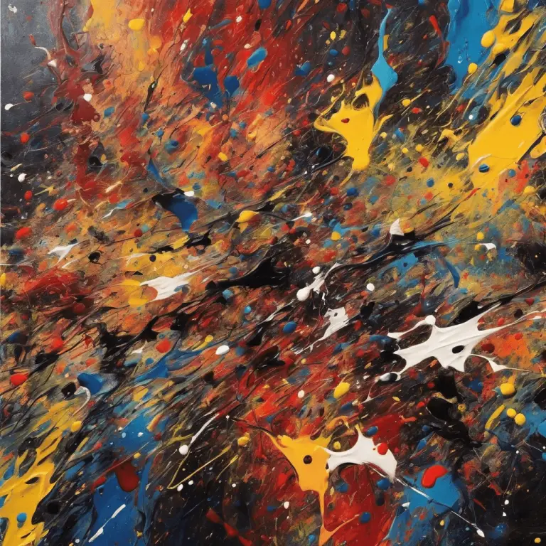Giới Thiệu a colorful, abstract expressionist painting inspired by jackson pollock, featuring vibrant, dynamic splatters and drips.