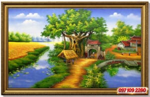 tranh đồng quê cây đa cổng làng con sông