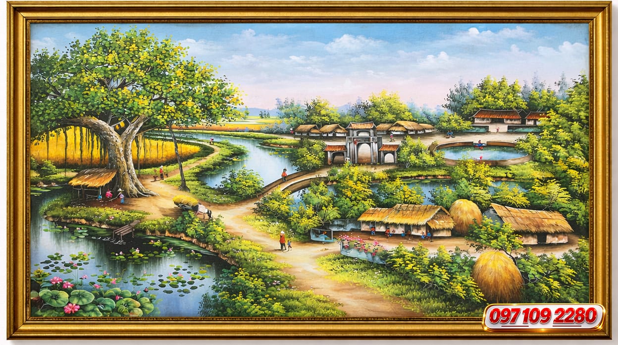 Tranh đồng quê yên bình treo tường phòng khách tranh sơn đồng quê cây đa giếng nước bắc bộ (sao chép)
