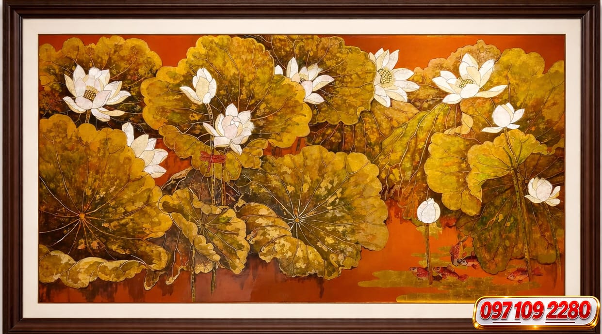 Tranh sơn dầu hoa sen màu sắc trầm ấm tranh sơn dầu hoa sen phong cách hiện đại (sao chép)