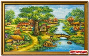tranh đồng quê cây đa cổng làng con sông (sao chép)