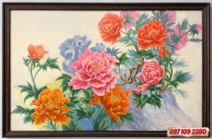 tranh hoa mẫu đơn cá chép sơn thủy núi non (sao chép)