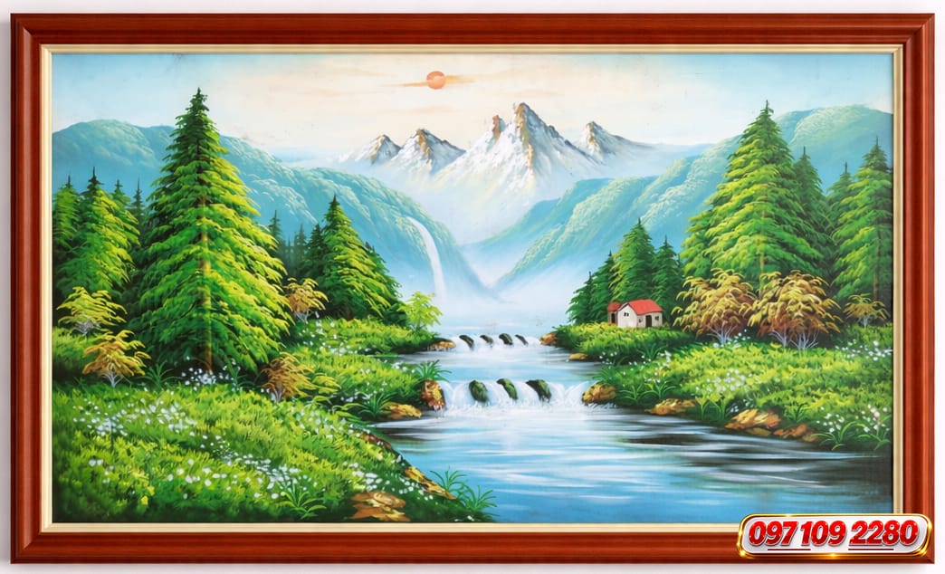 Tranh phong cảnh núi non hùng vĩ rừng cây hồ nước tranh sơn dầu phong cảnh đẹp vùng quê thiên nhiên châu âu (sao chép)