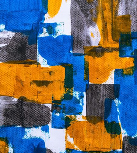 Giới Thiệu Dynamic abstract painting featuring bold blue and orange hues with textured patterns.